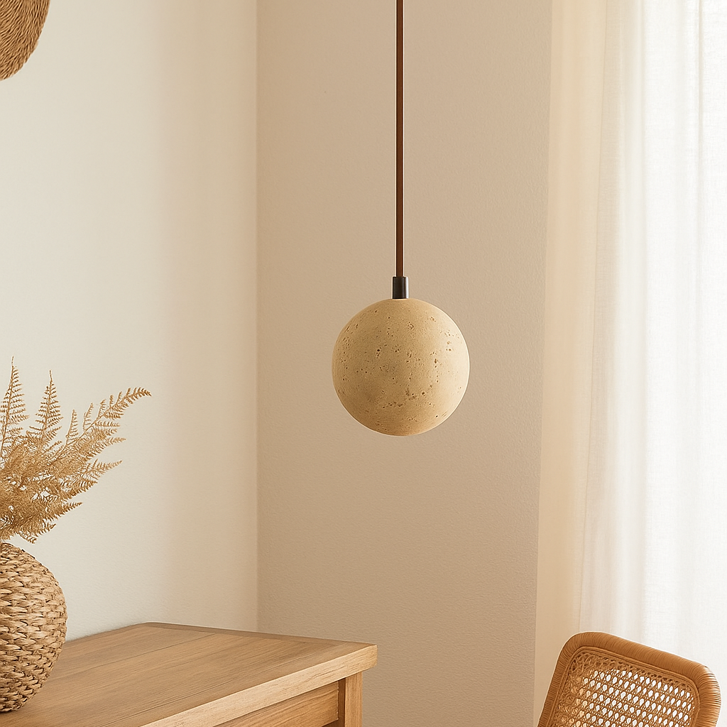 Suspension chic travertin jaune et bois LED