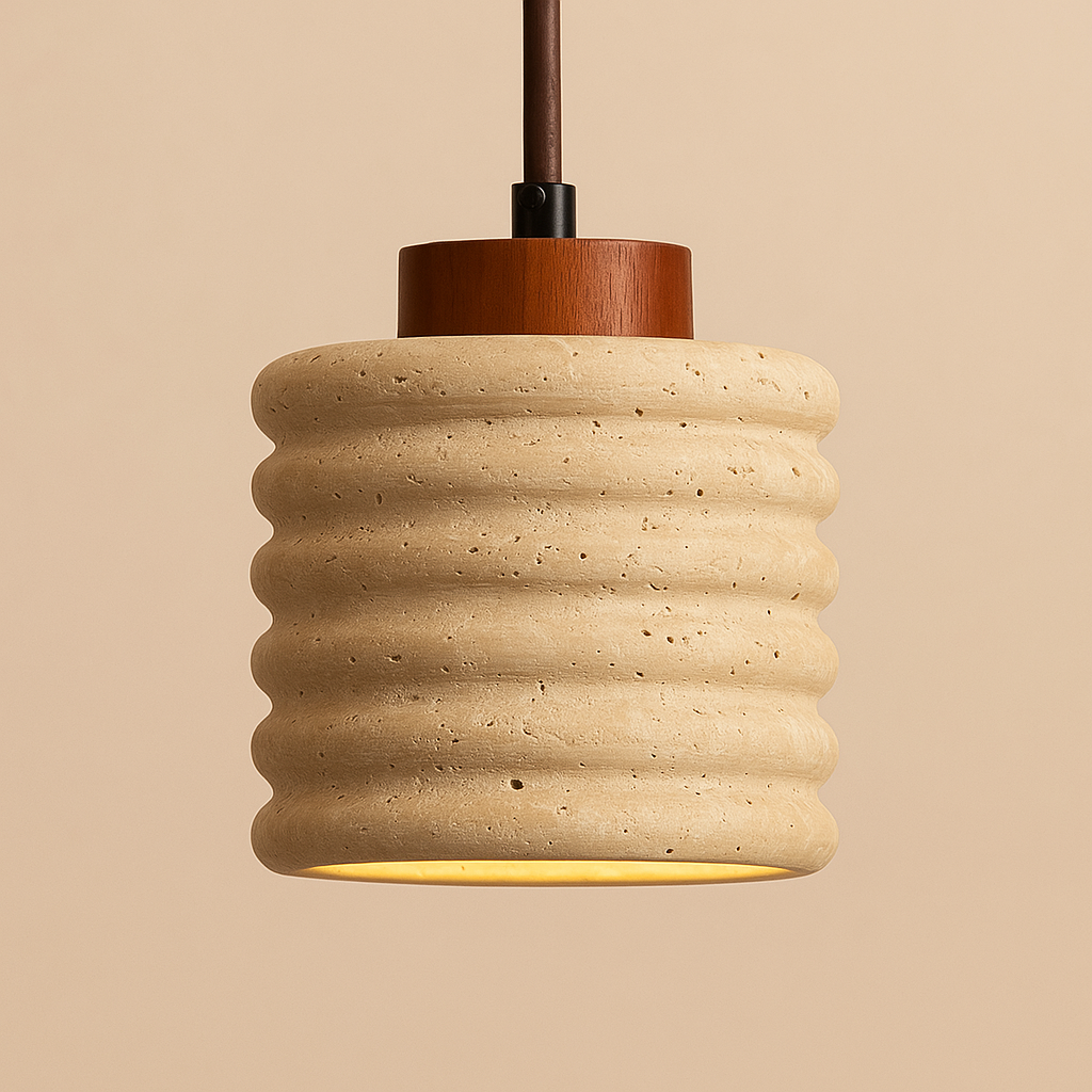 Suspension en pierre travertin jaune et bois LED-Déco Bohème