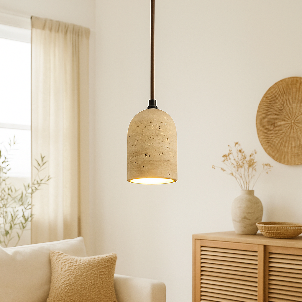 Suspension travertin chic jaune et bois