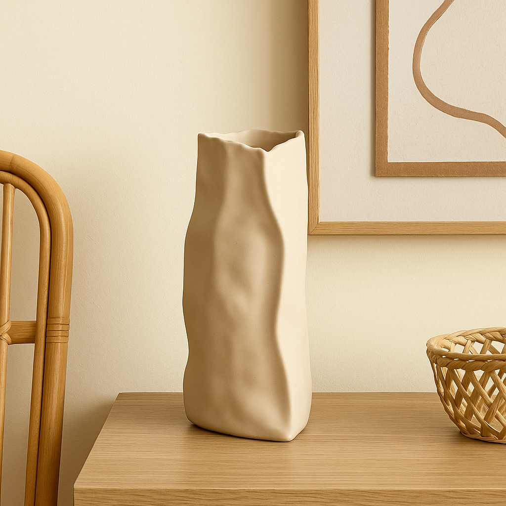 Vase kaki en céramique triangle froissé-Déco Bohème