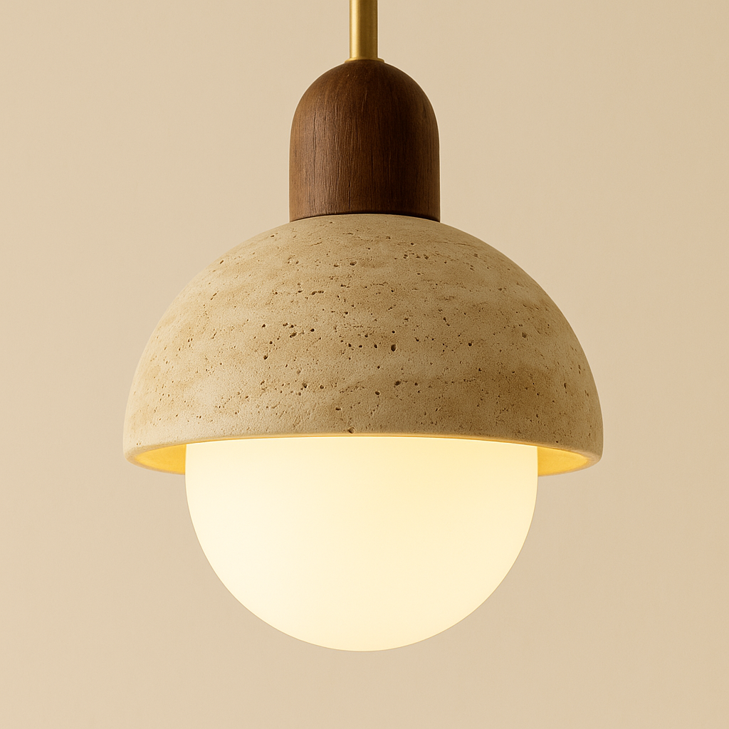 Suspension pierre travertin jaune et bois naturel-Déco Bohème
