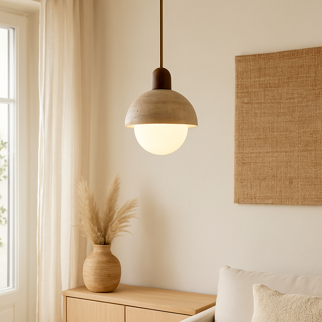 Suspension pierre travertin jaune et bois naturel-Déco Bohème