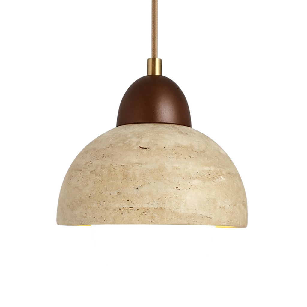 Suspension pierre travertin jaune et bois naturel