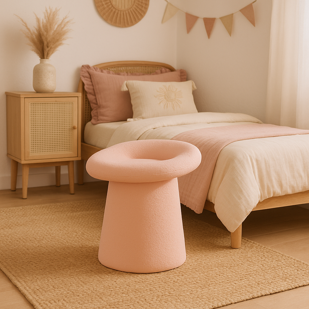 Tabouret Bohème Chic Bois et Tissu Rose