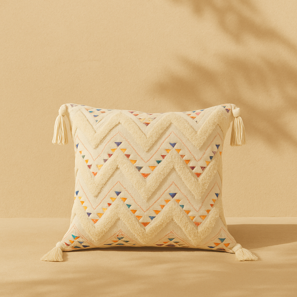 Coussin Bohème Beige et Rouge En Lin Et Coton 43x43cm-Déco Bohème