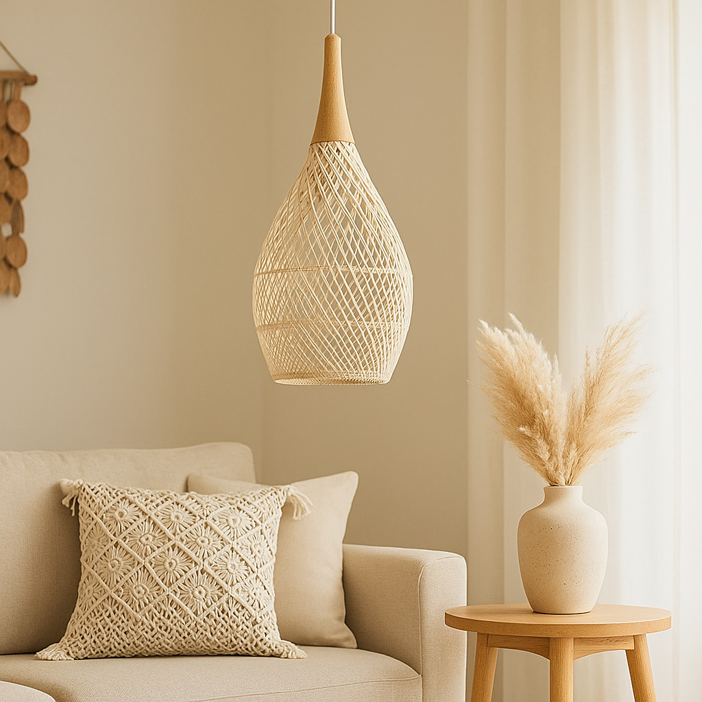 Suspension bohème en bambou beige rotin