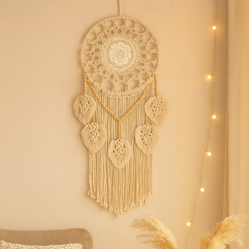 Grand attrape-rêves macramé mural feuilles tissées