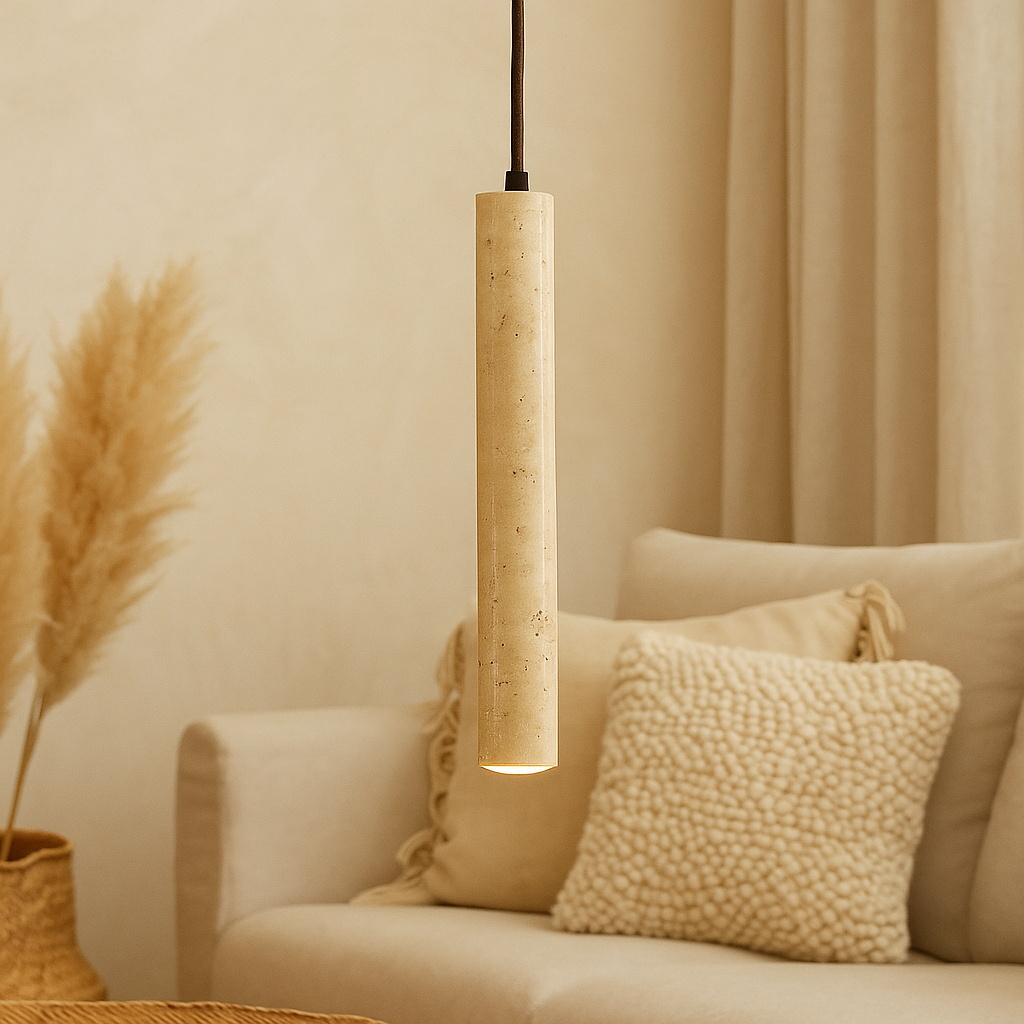 Suspension travertin jaune et bois naturel design moderne-Déco Bohème